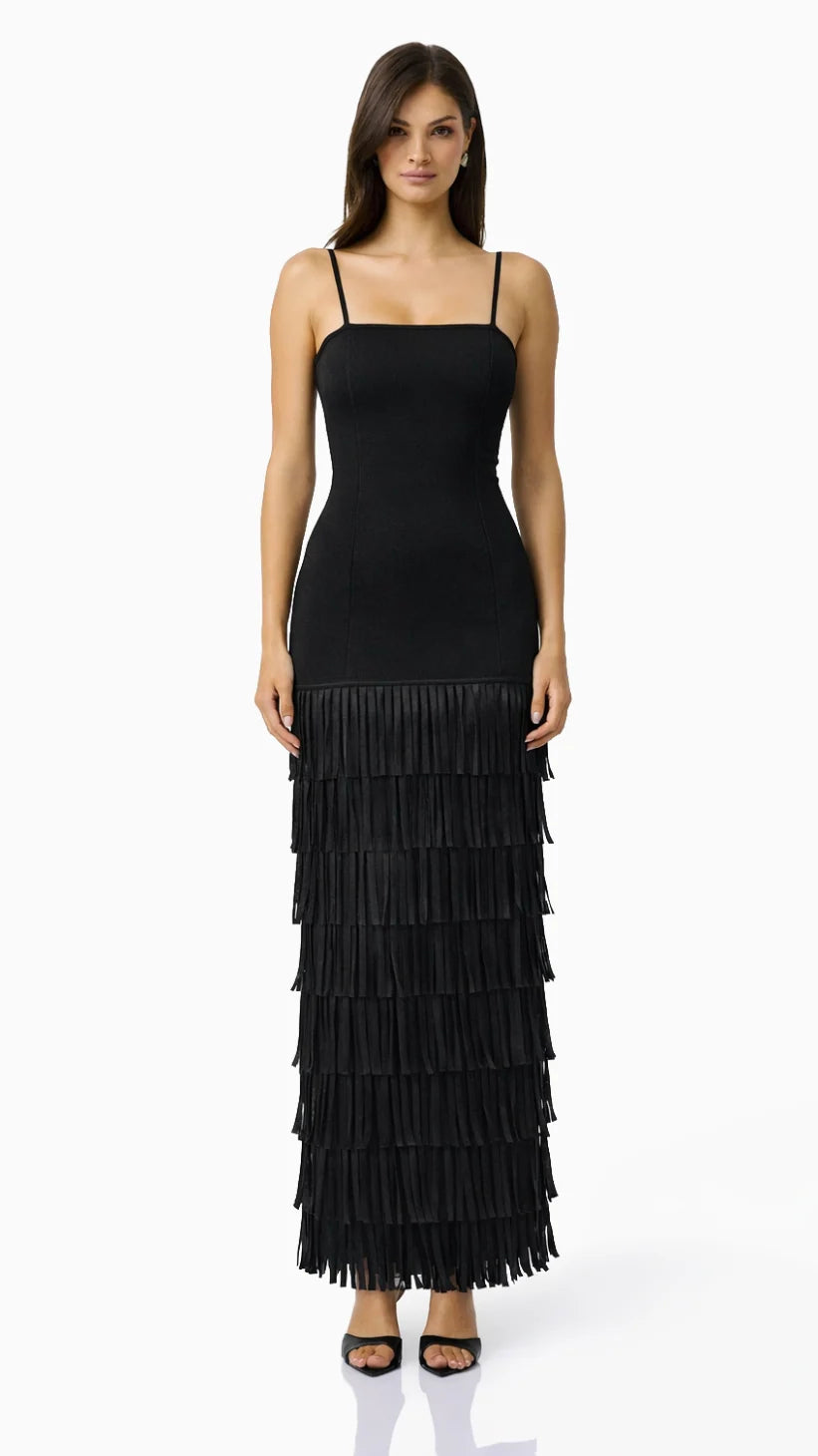 Aurette Tiered Fringe Gown in Black