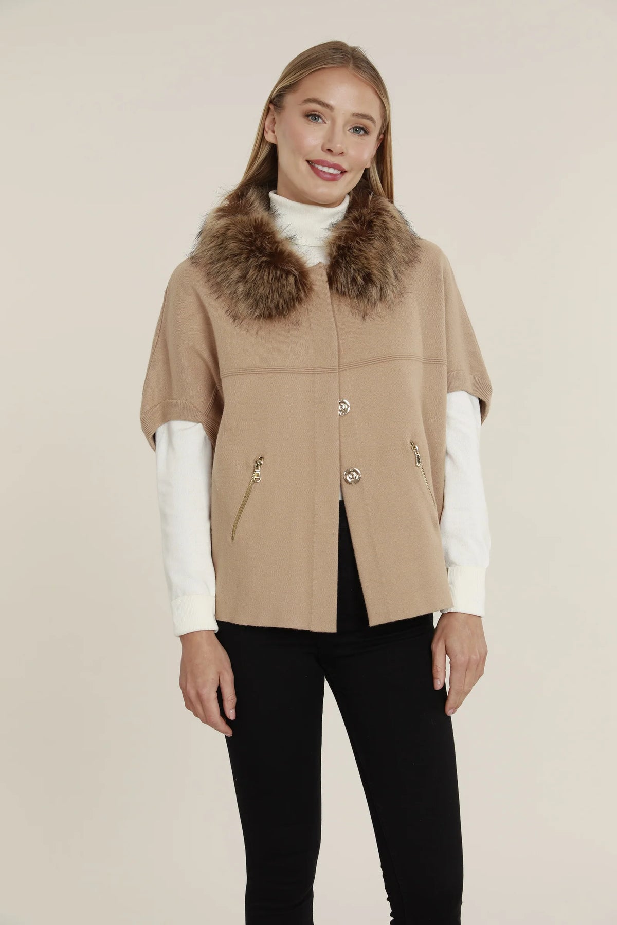 Faux Fur Trimmed Cocoon Cardigan Camel