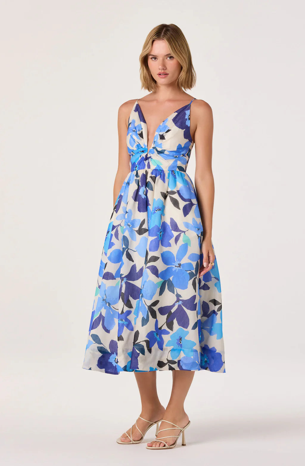 plunge neckline midi dress ASTR the Label | Janna Floral in Blue Floral high split Pockets Long Sleeve Ponte Color:BLUE/GREEN type-long-sleeve-bodycon-dress