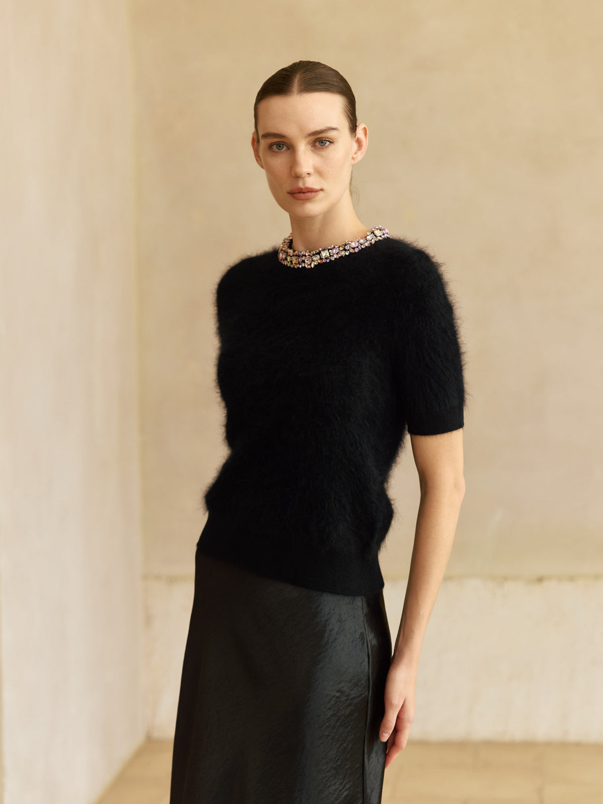 Jeweled Cashmere Short-Sleeve Sweater
