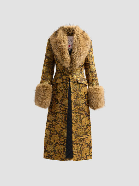 Ivella Faux Fur-Trimmed Floral Jacquard Long Coat