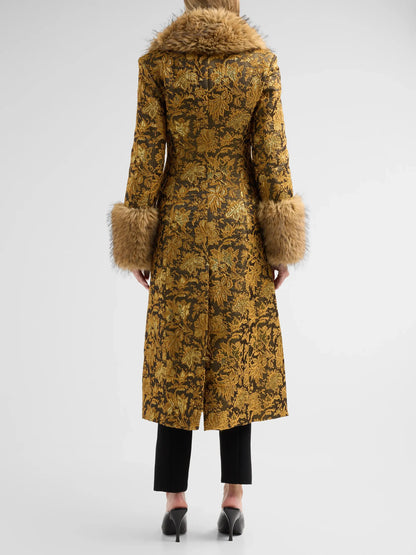 Ivella Faux Fur-Trimmed Floral Jacquard Long Coat