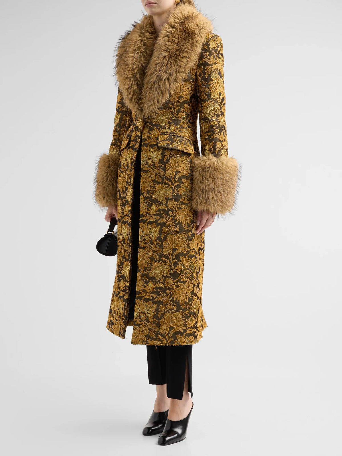 Ivella Faux Fur-Trimmed Floral Jacquard Long Coat