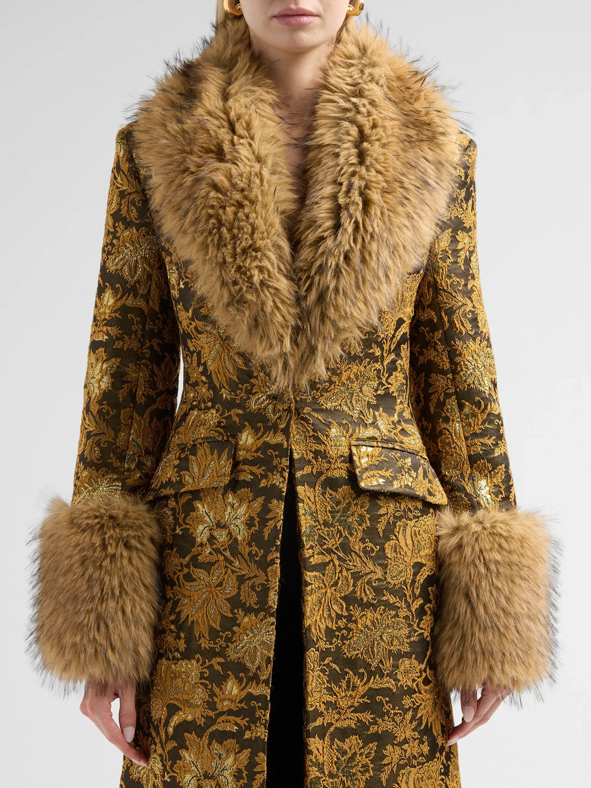 Ivella Faux Fur-Trimmed Floral Jacquard Long Coat