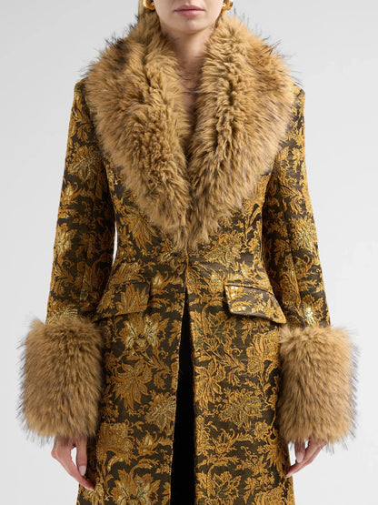 Ivella Faux Fur-Trimmed Floral Jacquard Long Coat