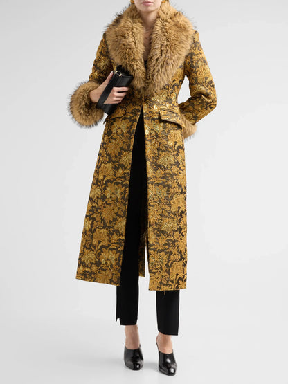 Ivella Faux Fur-Trimmed Floral Jacquard Long Coat