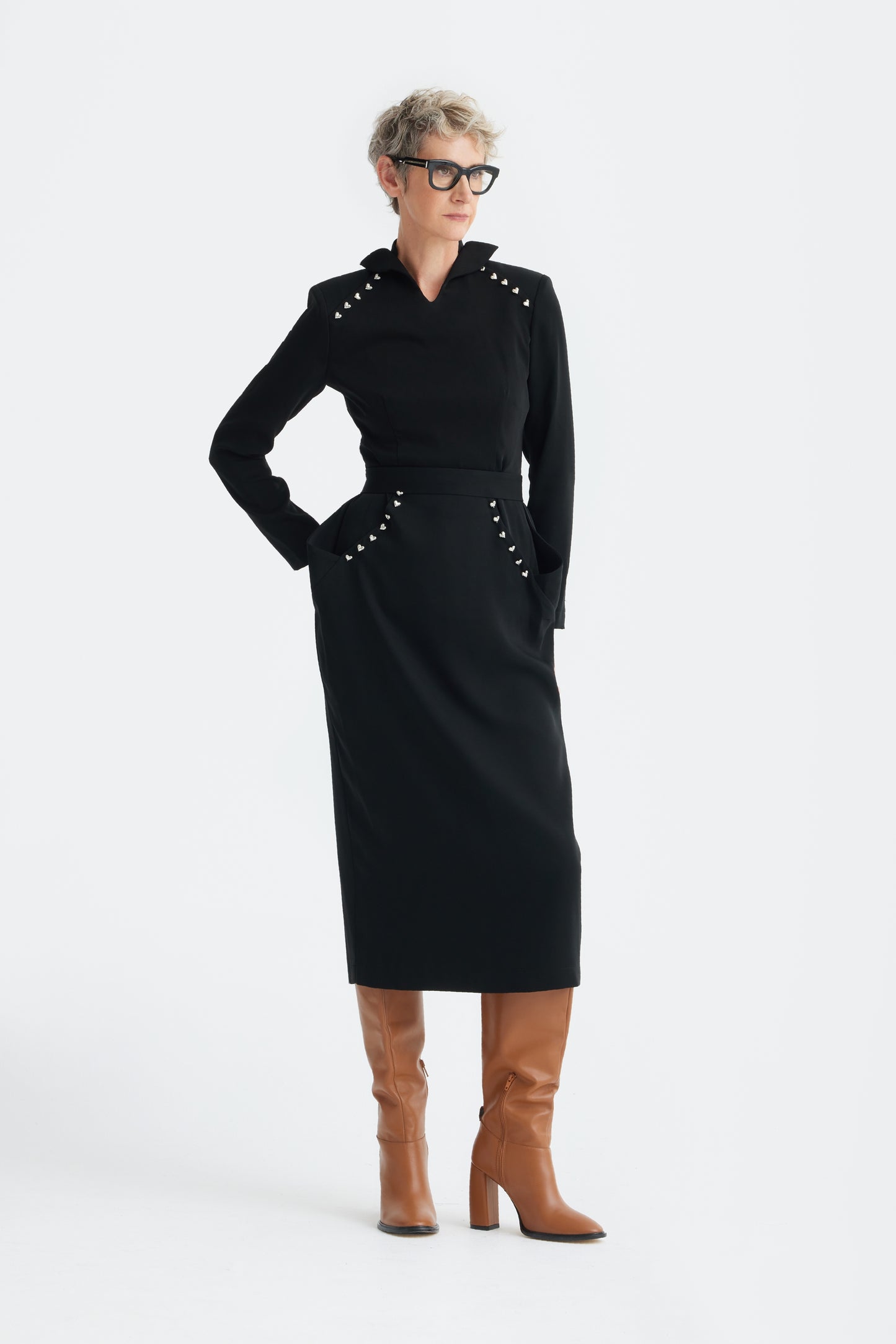 Studded Tailored Midi Dress – Black