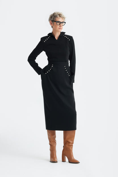 Studded Tailored Midi Dress – Black