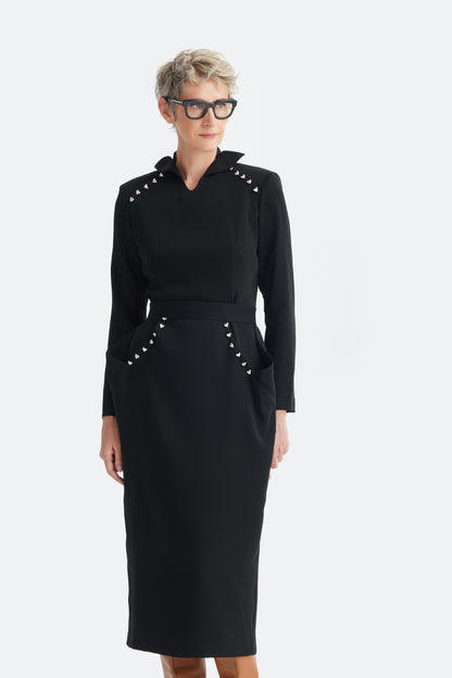 Studded Tailored Midi Dress – Black