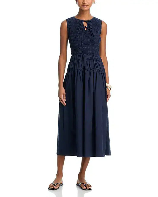 NAVY SLEEVELESS SMOCKED SHIRRED WAIST MIDID DRESS