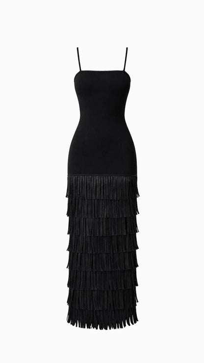 Aurette Tiered Fringe Gown in Black