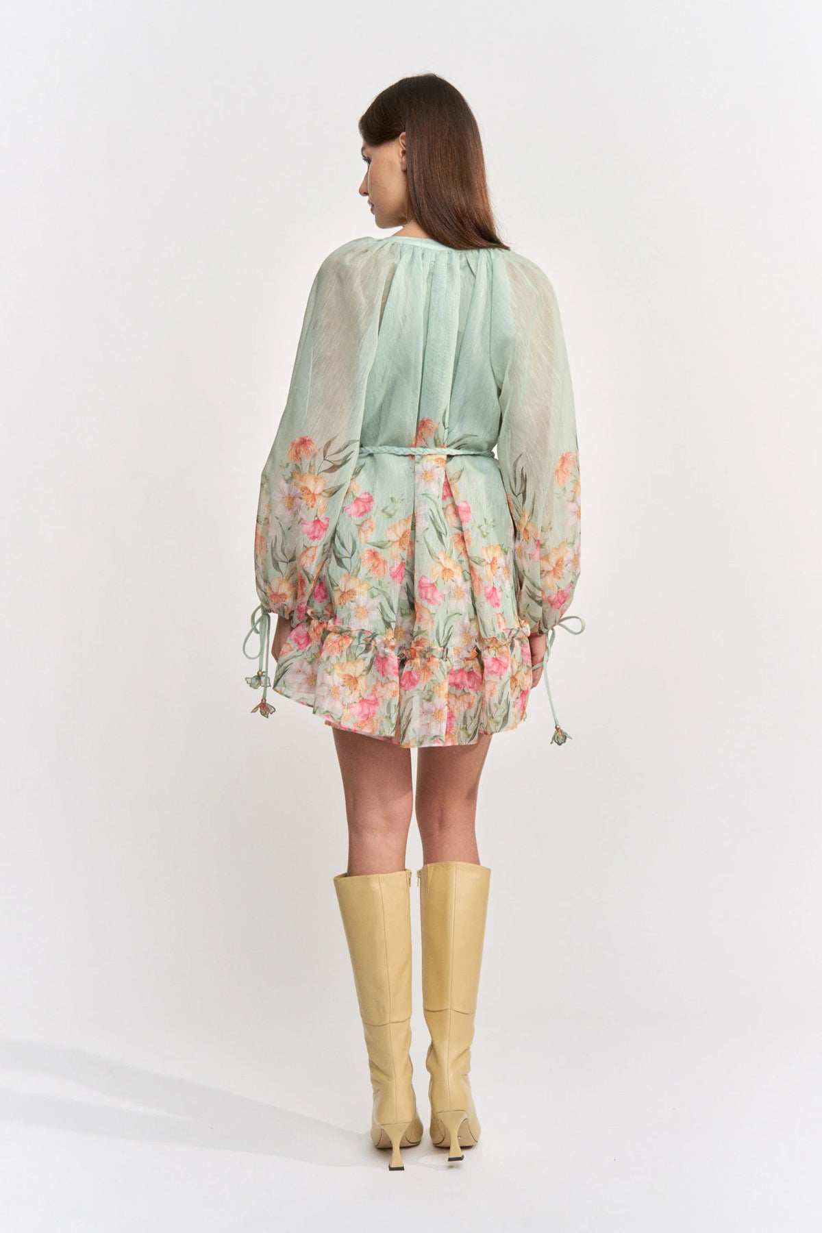 Balloon Sleeve Bordered Print Mini Dress