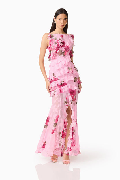 Eleanora Ruffle Gown in Pink Floral