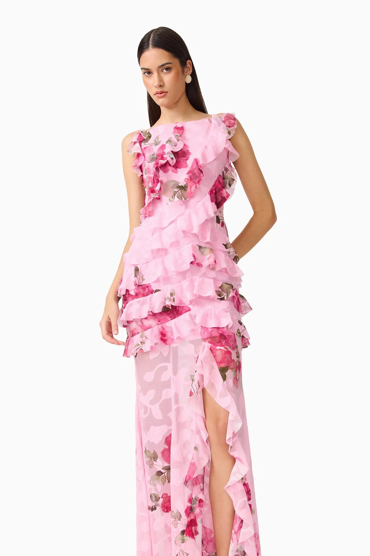 Eleanora Ruffle Gown in Pink Floral