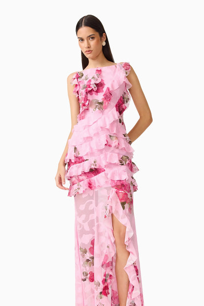 Eleanora Ruffle Gown in Pink Floral