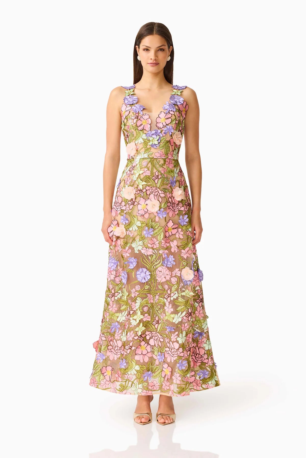 Fiora A-Line Gown in Green & Pink Floral