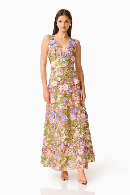Fiora A-Line Gown in Green & Pink Floral