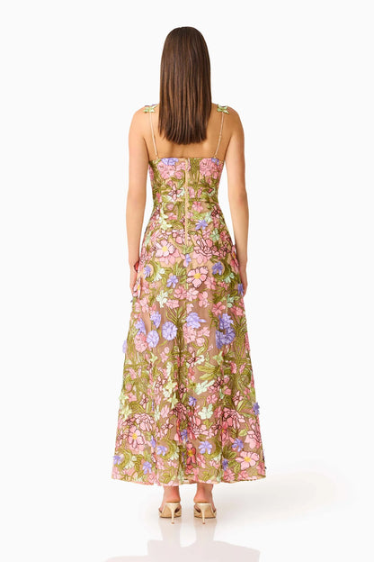 Fiora A-Line Gown in Green & Pink Floral