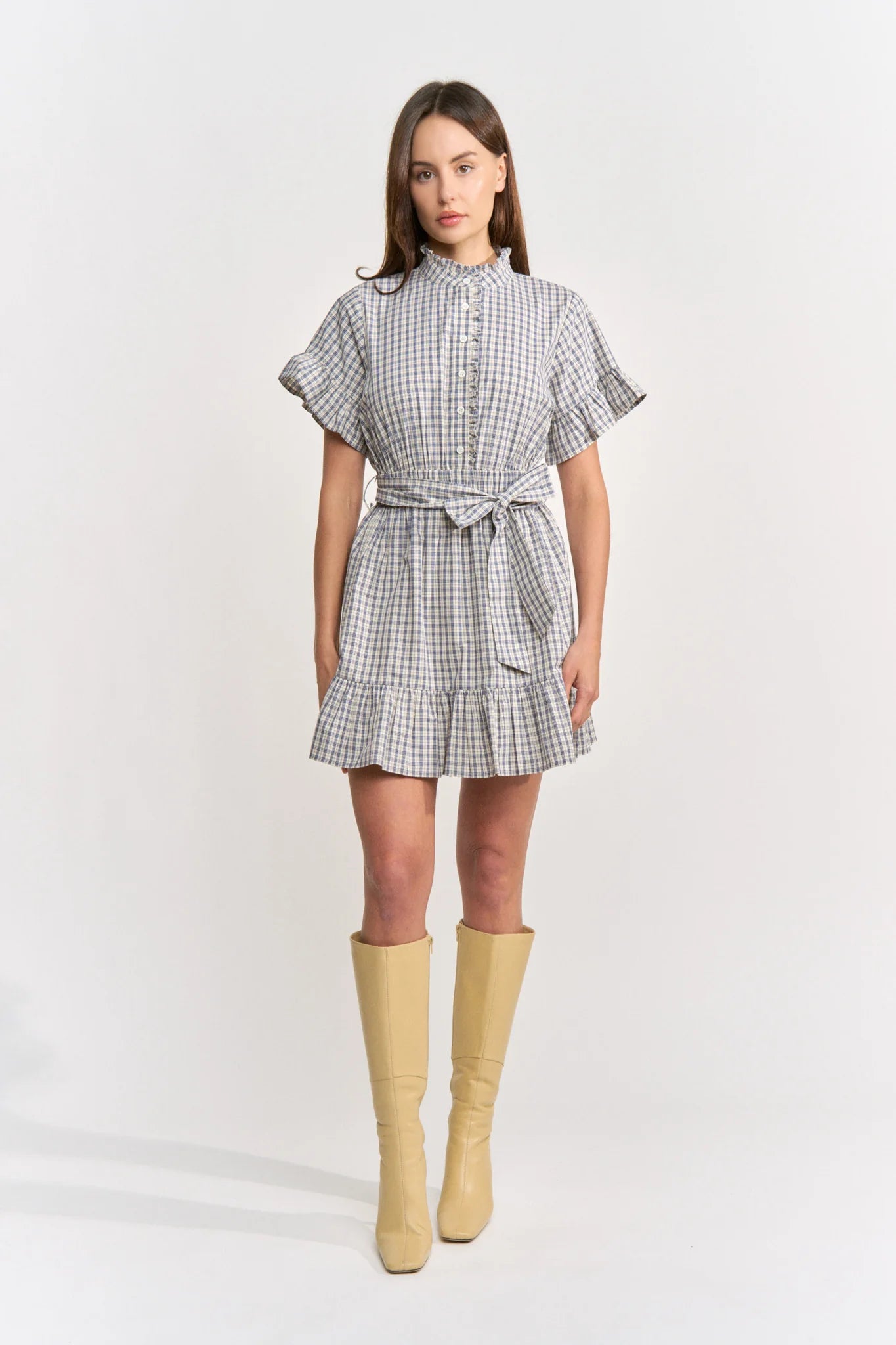Ruffle Placket Belted Tiered Mini Dress