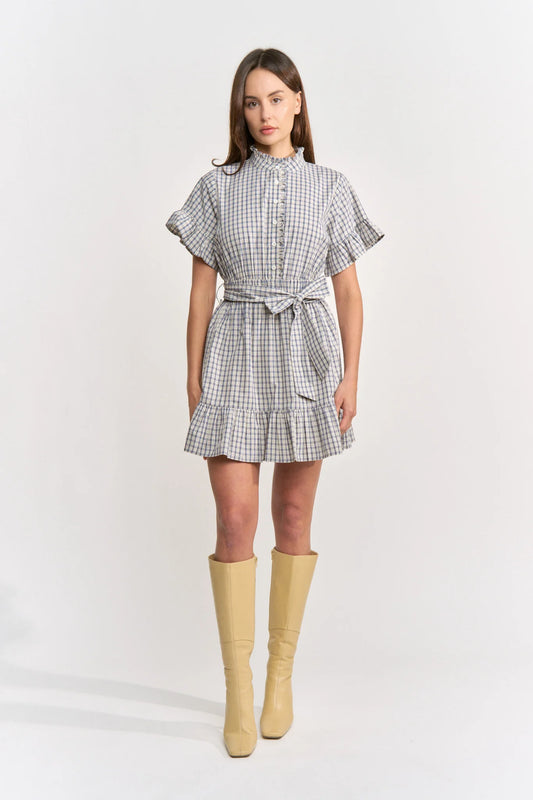 Ruffle Placket Belted Tiered Mini Dress