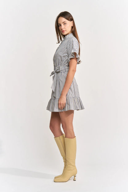 Ruffle Placket Belted Tiered Mini Dress