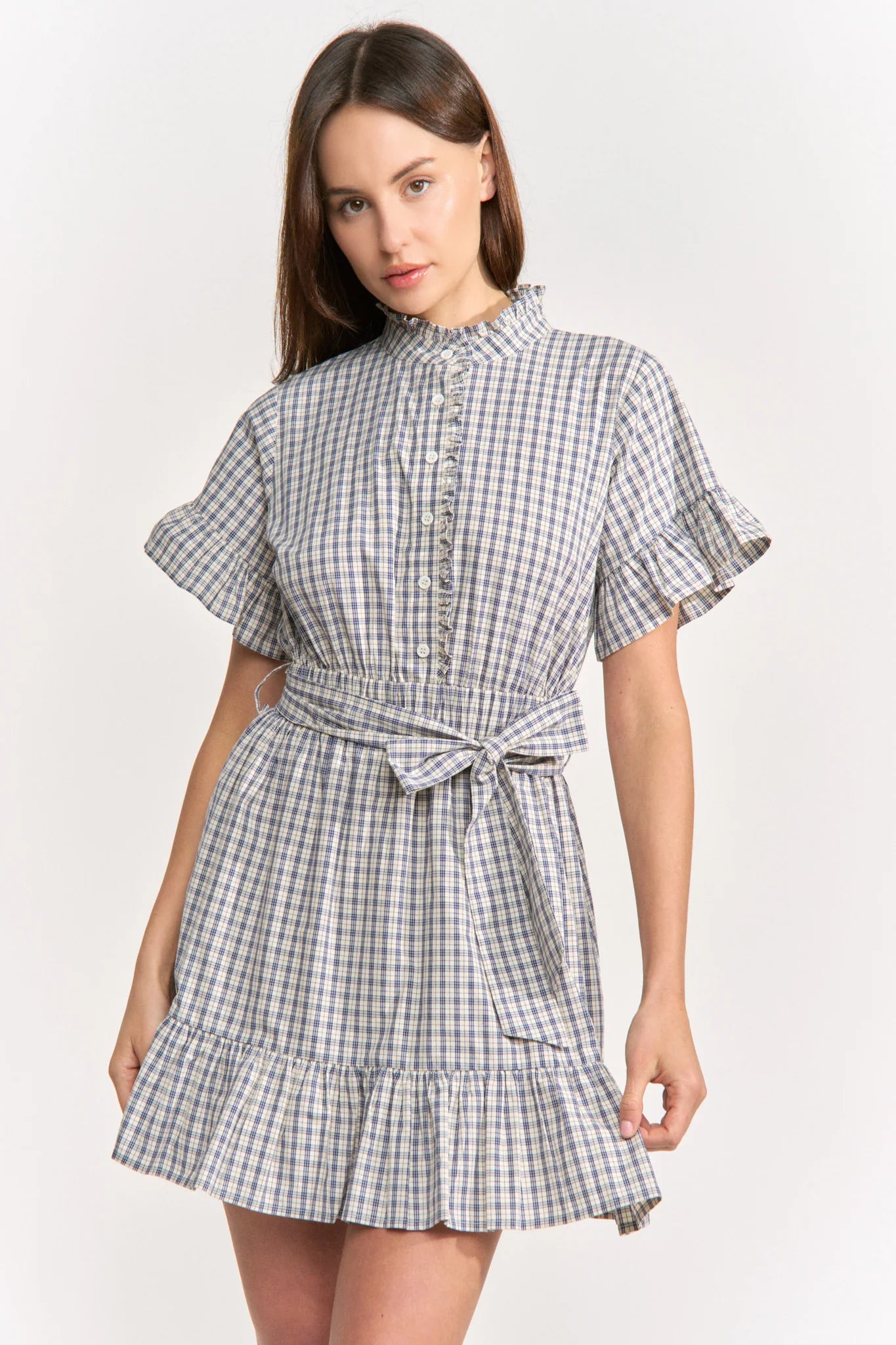 Ruffle Placket Belted Tiered Mini Dress