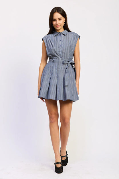 Sleeveless Drop Shoulder Pleated Mini Dress