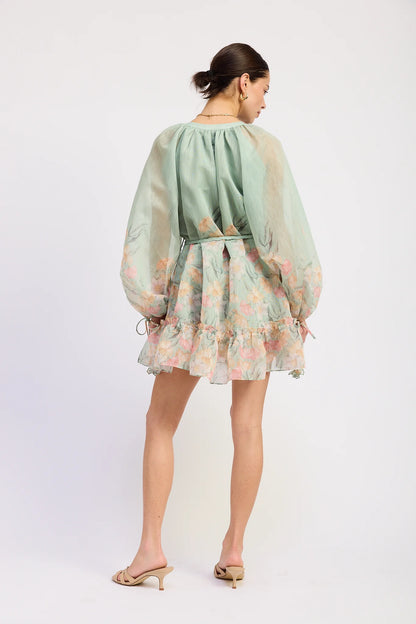 Balloon Sleeve Bordered Print Mini Dress