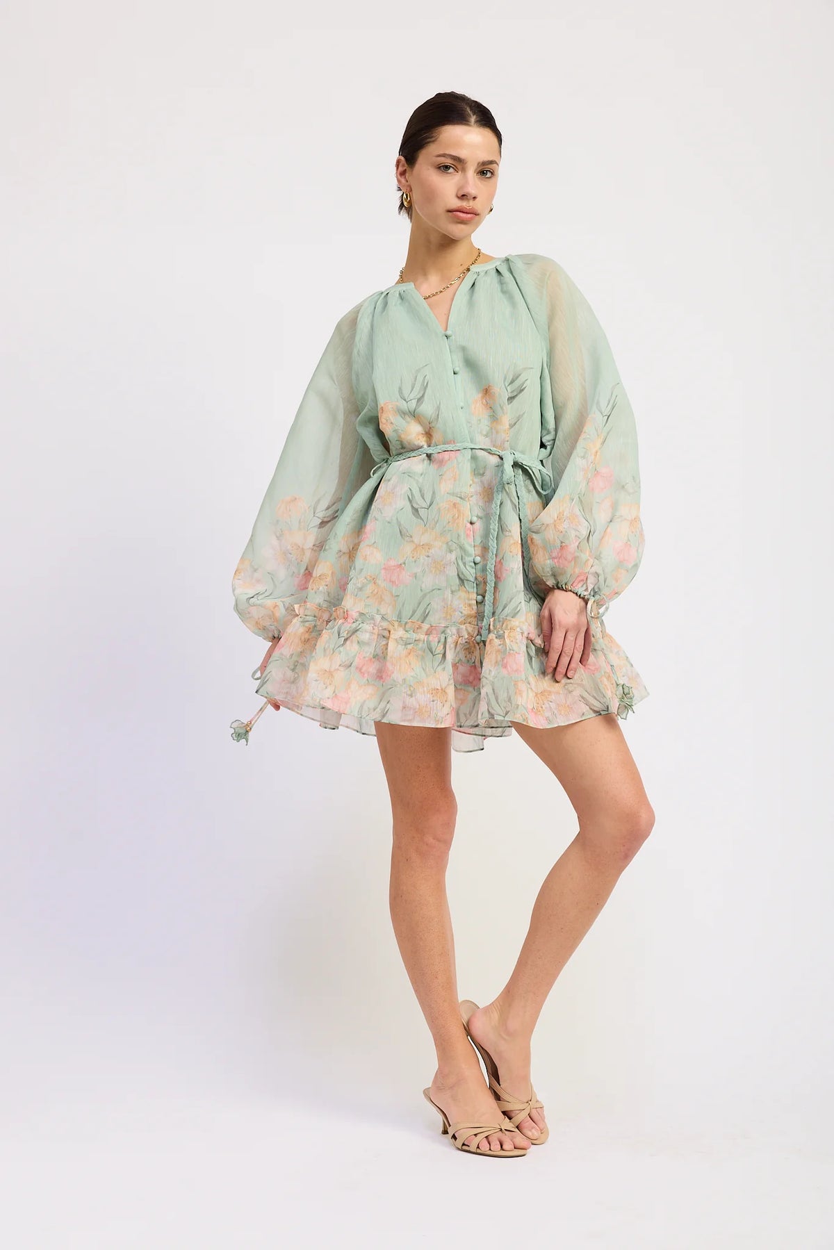 Balloon Sleeve Bordered Print Mini Dress