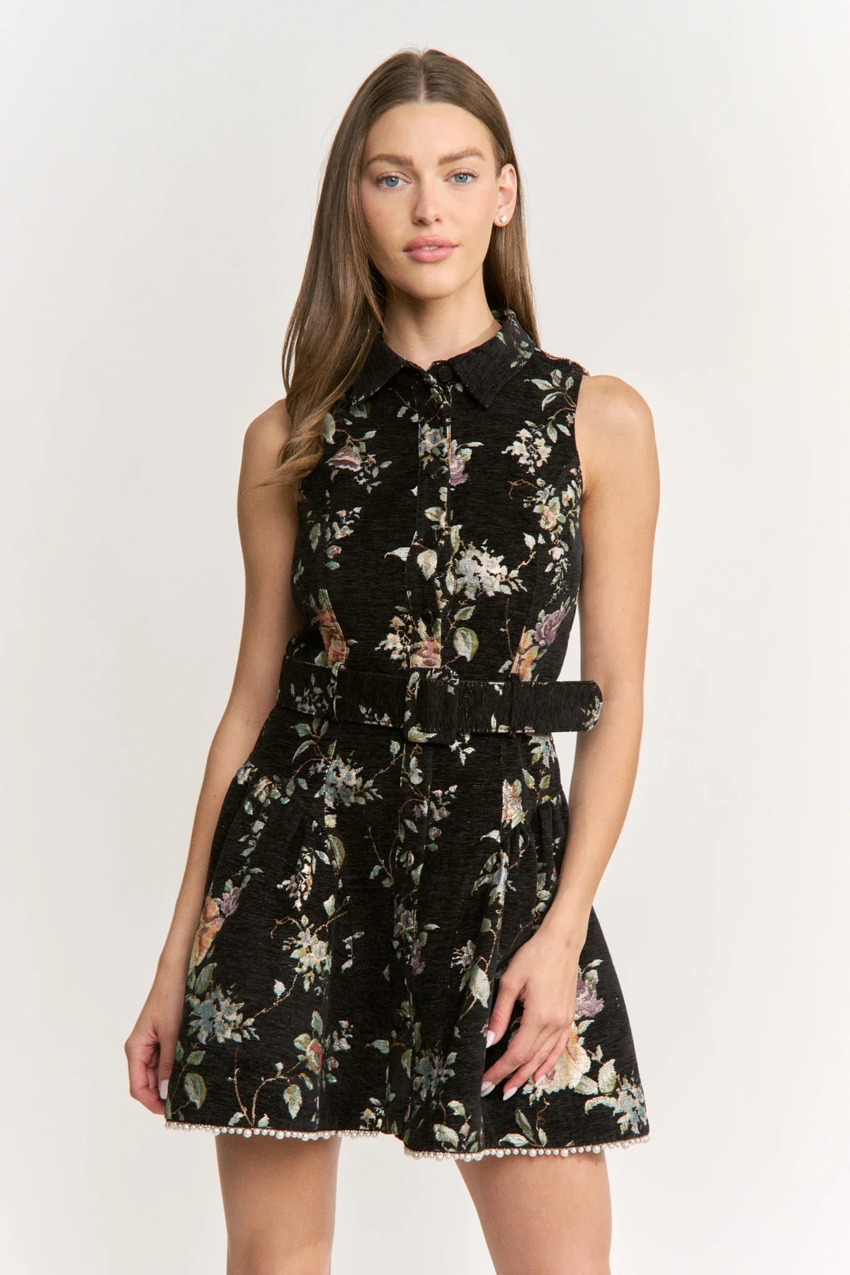 Button Front Godet Belted Mini Dress