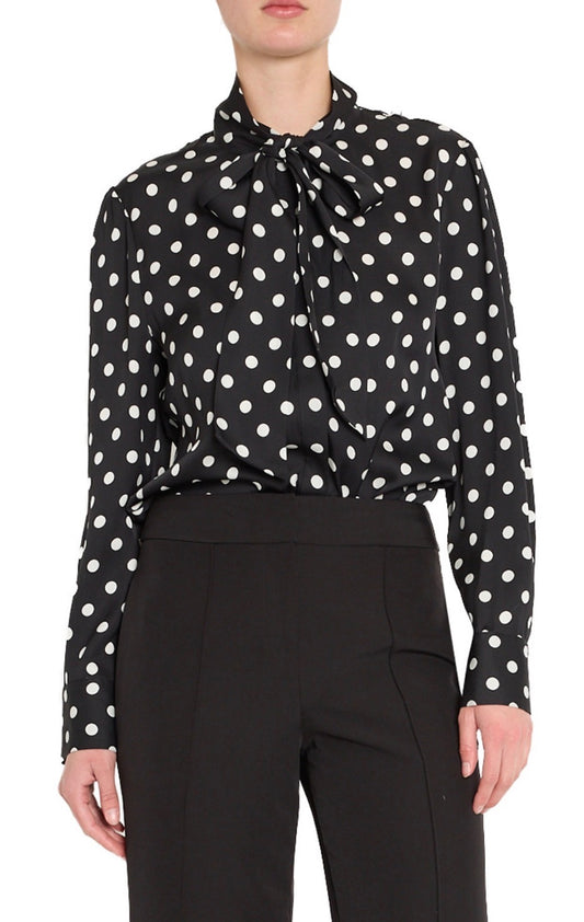 Tie Neck Polka Dot Blouse in Black/White
