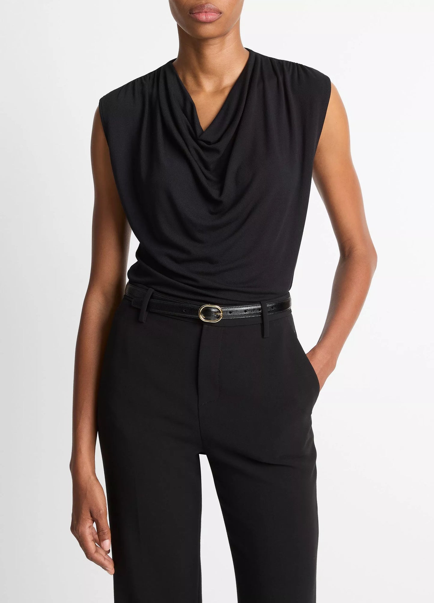 Jersey Draped Cowl-Neck Top Black