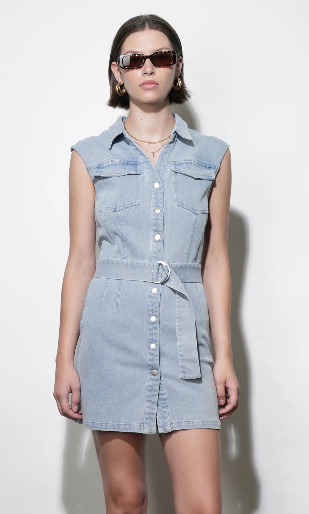 Madison Sleeveless Denim Mini Belted Dress