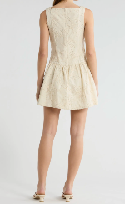 BOAT NECK EMBROIDERED BODICE MINI DRESS