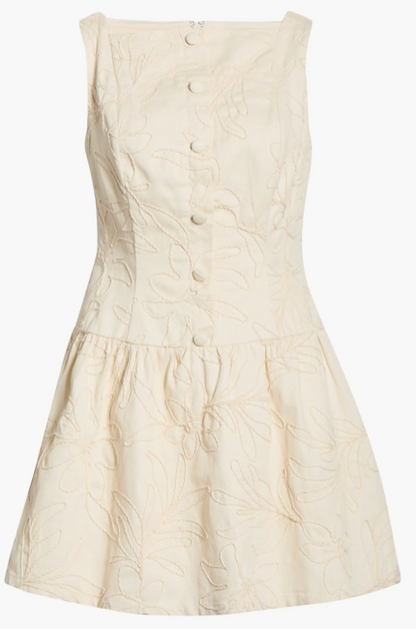 BOAT NECK EMBROIDERED BODICE MINI DRESS