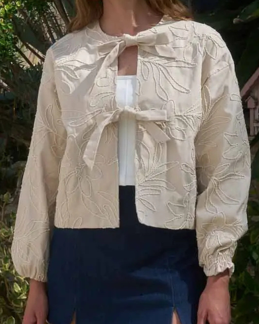 TIED FRONT EMBROIDERED FLORAL JACKET