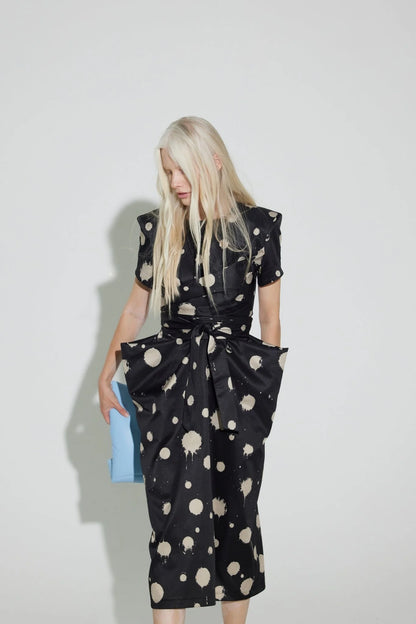 Black Polka Dot Midi Dress With Belt