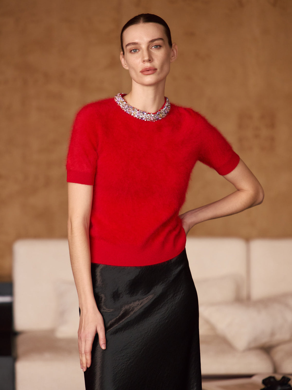 Jeweled Cashmere Short-Sleeve Sweater