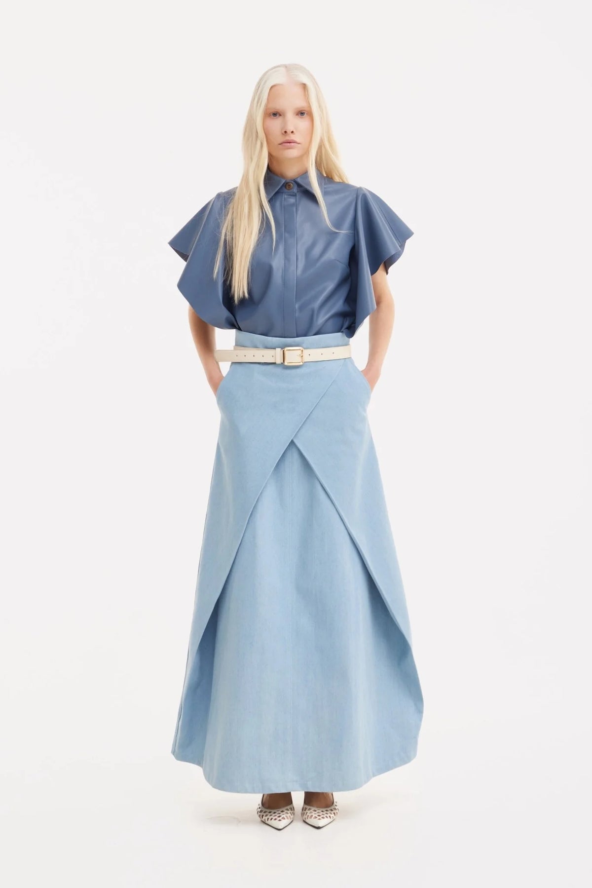 Draped Leather Shirt Pale Blue