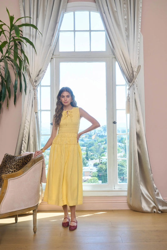 SLEEVELESS SMOCKED SHIRRED WAIST MIDI DRESS