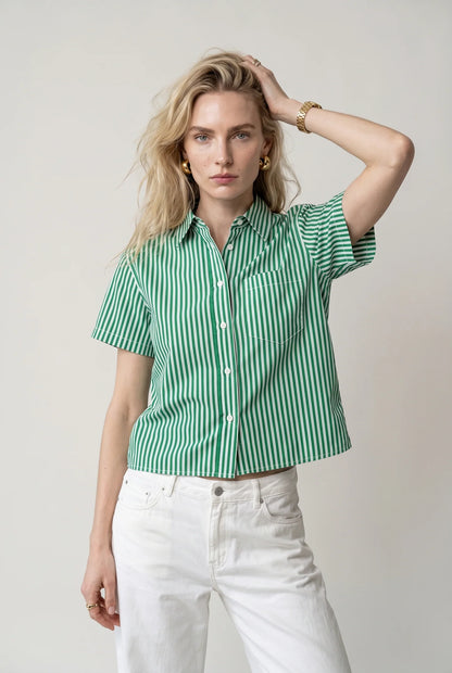 The Boxy Short Sleeve Cropped Shirt Green/White