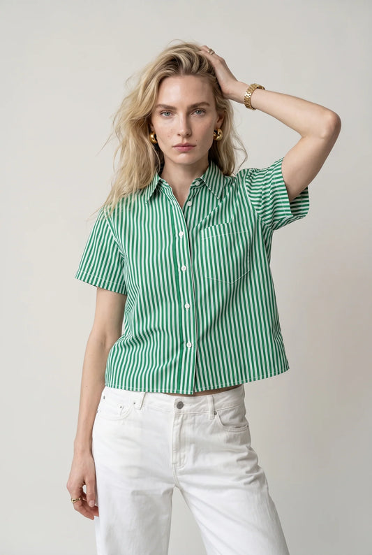 The Boxy Short Sleeve Cropped Shirt Green/White