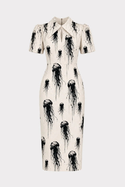 Ivory Jellyfish Print Short Sleeve Midi Dress