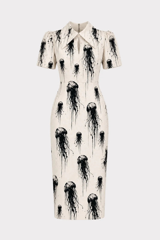 Ivory Jellyfish Print Short Sleeve Midi Dress