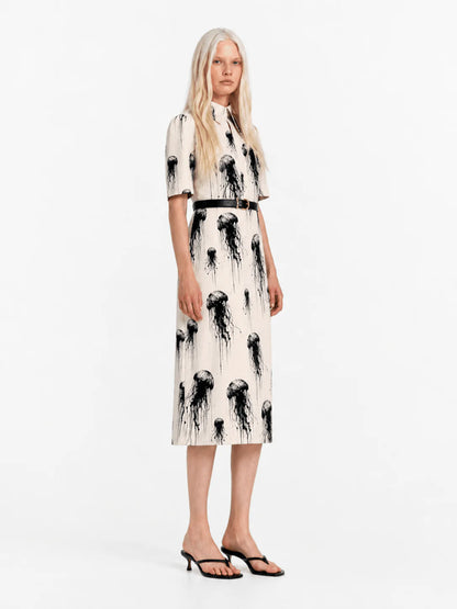 Ivory Jellyfish Print Short Sleeve Midi Dress