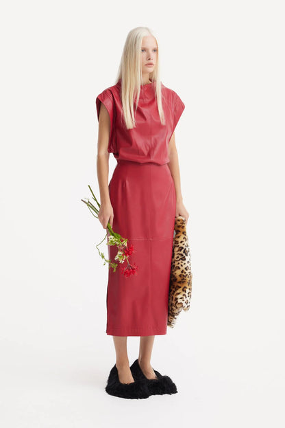Stylish Sleeveless Faux Leather Dress Red