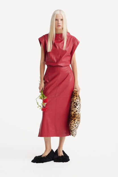 Stylish Sleeveless Faux Leather Dress Red